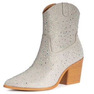 Sheln Rhinestone Embellished Leather Cowboy Boots Block Size 10